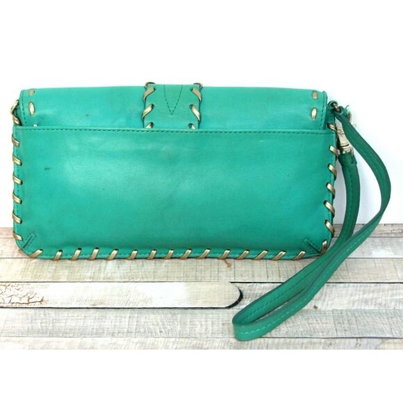 4.75x8.5" Michael Kors BRONZE GREEN LEATHER FLAP PURSE CLUTCH WALLET WRISTLET - Picture 2 of 8